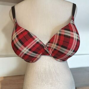 PINK Wear Everywhere Push Up Bra 40DD‎ Red Tan Black Plaid